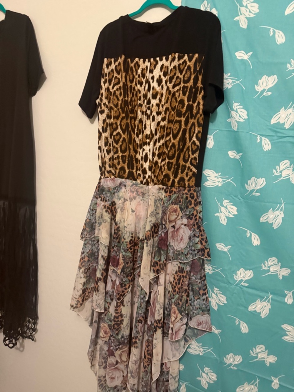 Black Top with Leopard Bodice and Floral Ruffle Skirt